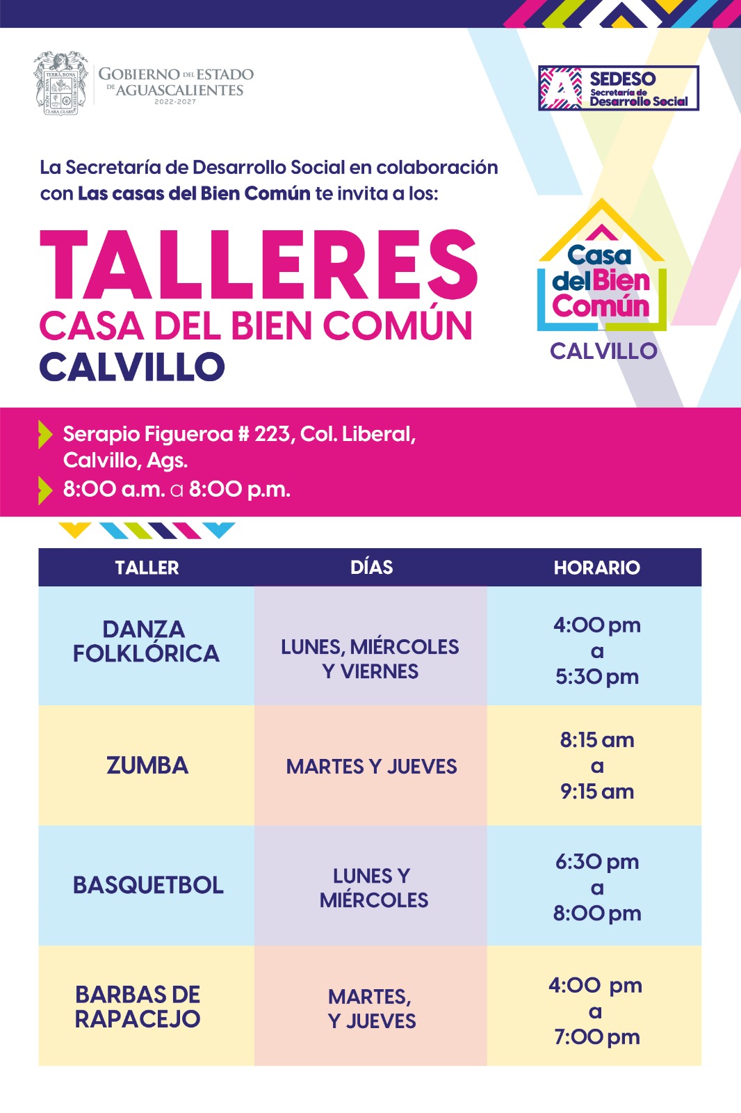 OFRECE CASA DEL BIEN COMÚN DE CALVILLO TALLERES GRATUITOS
