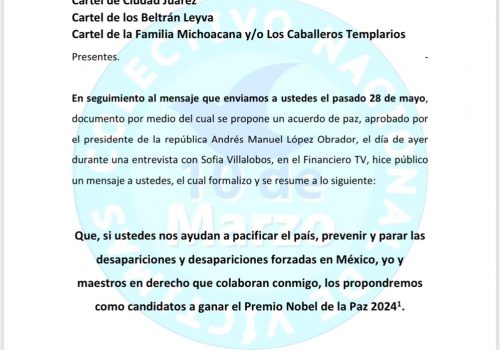 Delia Quiroa propone nominar carteles mexicanos al Premio Nobel de la Paz en carta