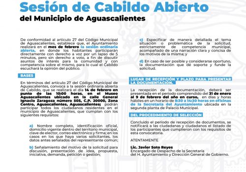 ABRE AYUNTAMIENTO DE AGUASCALIENTES CONVOCATORIA PARA PARTICIPAR EN SESIÓN ABIERTA DE CABILDO
