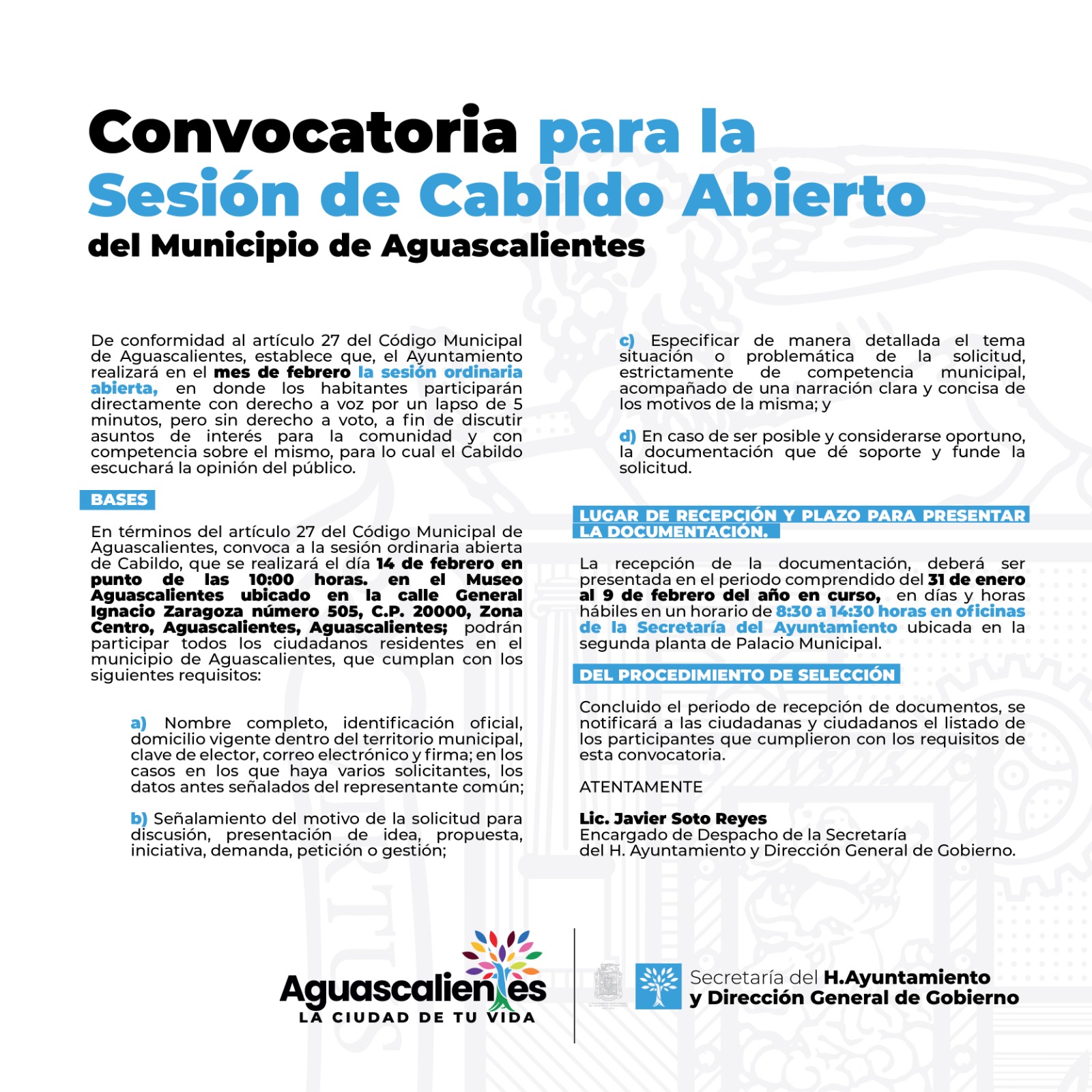 ABRE AYUNTAMIENTO DE AGUASCALIENTES CONVOCATORIA PARA PARTICIPAR EN SESIÓN ABIERTA DE CABILDO